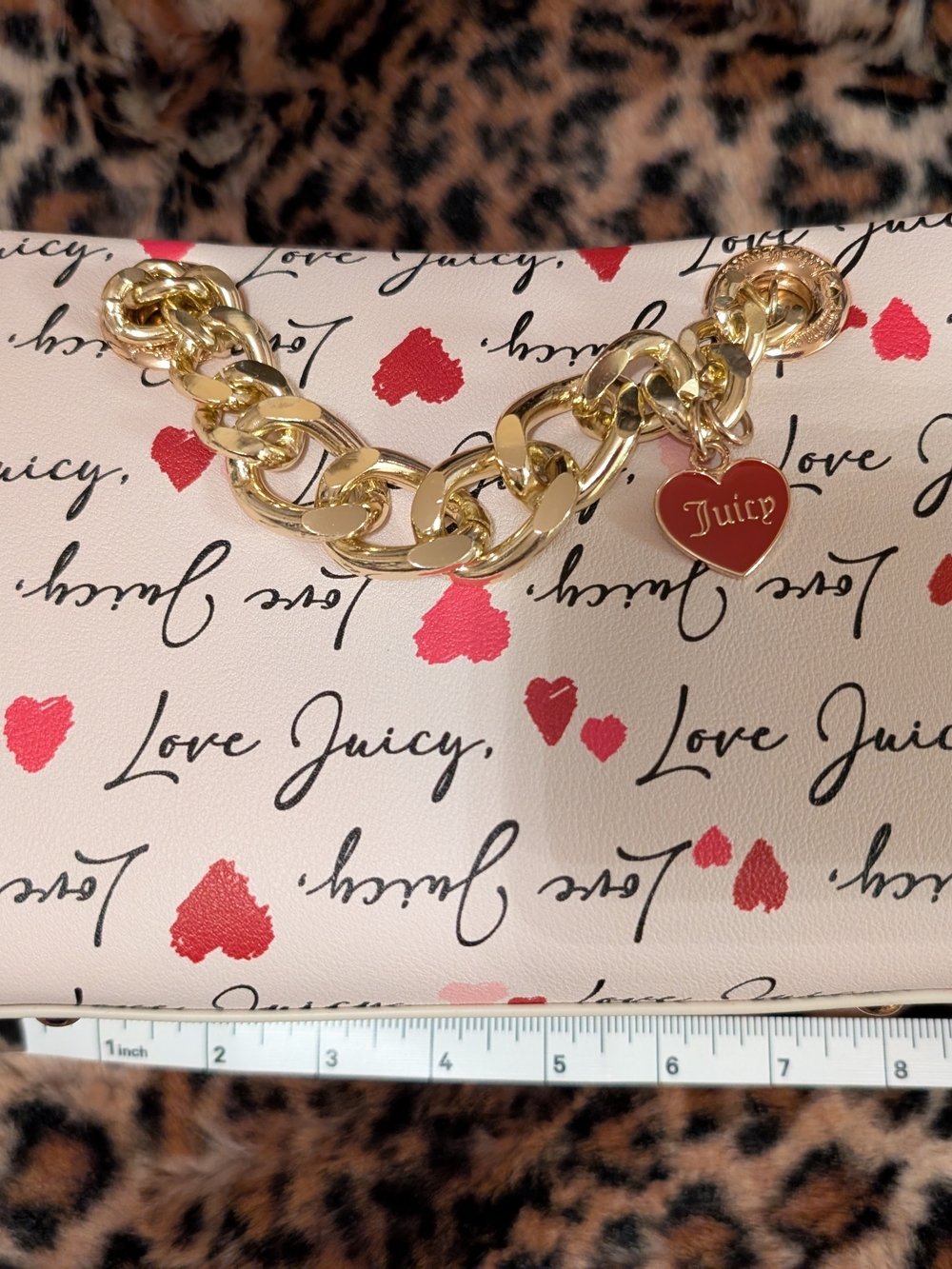 Juicy Couture Cream Shoulder Bag with Red Heart Print and Gold Chain